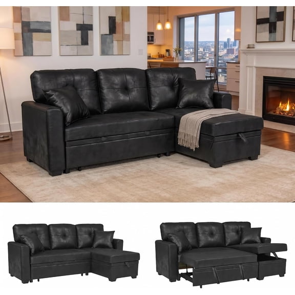 71" Convertible Sectional Sleeper Sofa with Pull Out Bed, Reversible L-Shaped Couch with Storage Chaise, 3 Seater Sofa Bed for Apartment & Small Space, Leather-Look Distressed Fabric, Black