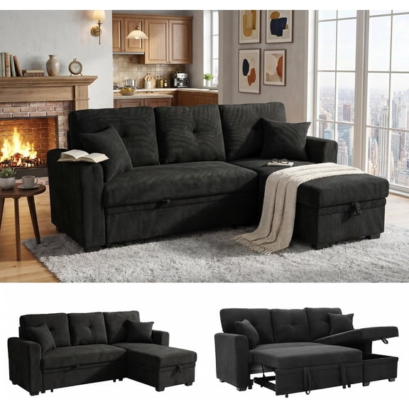 71" Convertible Sectional Sleeper Sofa with Pull Out Bed, Reversible L-Shaped Couch with Storage Chaise, 3 Seater Sofa Bed for Apartment & Small Space, Linen-Look Woven Fabric, Black