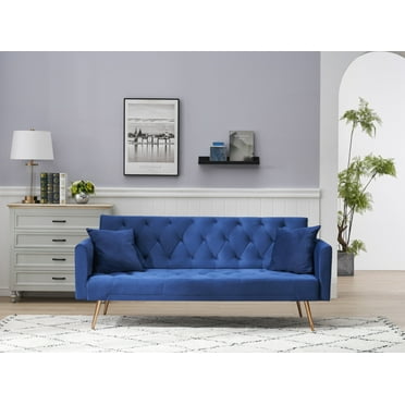 71" Convertible Sofa Bed with Adjustable Backrest, Modern Velvet Daybed Chair with Solid Wood Frame and Gold Metal Legs, Multifunctional Upholstered Folding Sofa Couch for Living Room, Bedroom, Blue