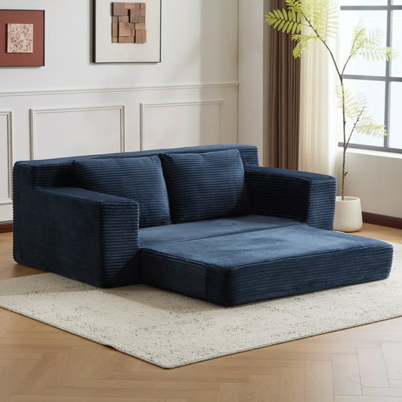 71" Convertible Sofa Bed Queen with Pillows, Boneless Folding Couch,Corduroy Upholstered Loveseat Sofa, No Assembly Required, for Living Room, Bedroom, Apartment, Dark Blue