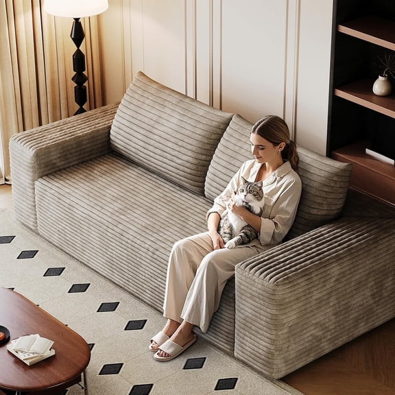 71" Corduroy Loveseat Sofa, 3-Seater Cloud Couch, Boneless Sofa in a Box with Deep Seat Memory Foam, No Assembly Required,Camel