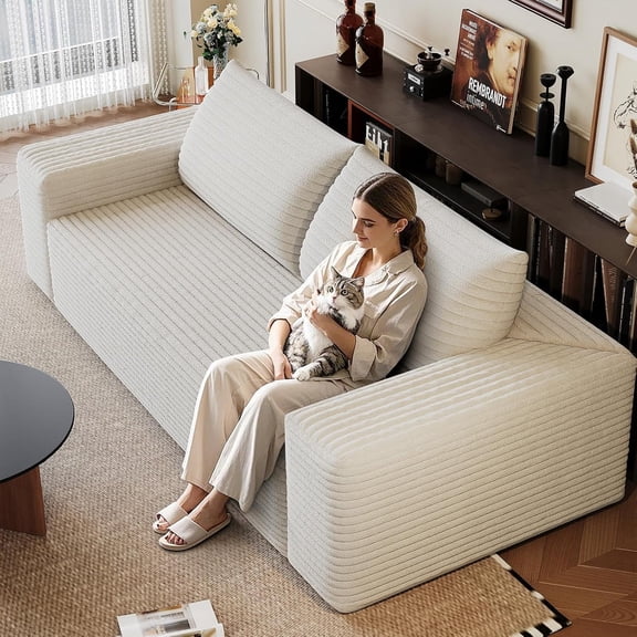 71" Corduroy Loveseat Sofa, 3-Seater Cloud Couch, Boneless Sofa in a Box with Deep Seat Memory Foam, No Assembly Required,White