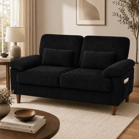 71” Corduroy Sofa for Living Room, AAQZ Small Comfy Couch for Small Space, One Box, Loveseat,Black