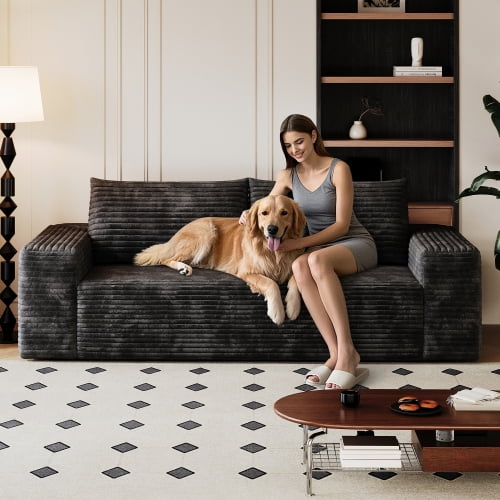 71" Corduroy Traditional Sofa, Clearance Couches with No-Assembly, Modern Sofa Couch with Ergonomic for Living Space, Black