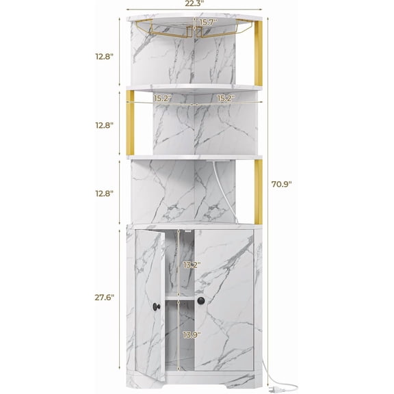 71'' Corner Bar Cabinet with LED Lights, 5-Tier Wine Rack with Power Outlets, Glass Holder and Door, Liquor Cabinet for Home Bar & Coffee Bars, White & Gold