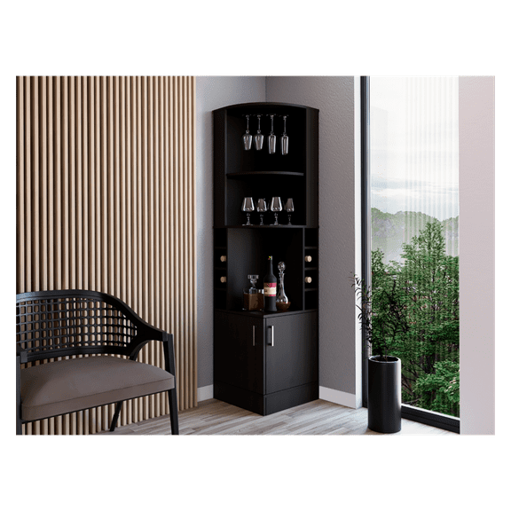 71" Corner Bar Cabinet with 2 Top Shelves, Glass Holder, 8 Bottle Racks, Central Shelf & Lower Drawer, Black Finish