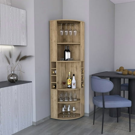 71" Corner Bar Cabinet with Five Shelves, Eight Bottle Cubbies and Stemware,White On-Site