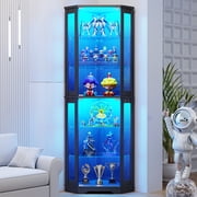 71 Corner Display Cabinet with Glass Doors, 6 Tier Curio Cabinet with 3 LED Lights & Glass Shelves, Human Body Sensor, Showcase Display Case for Collectibles, Black