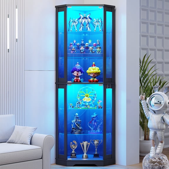71" Corner Display Cabinet with Glass Doors, 6 Tier Curio Cabinet with 3 LED Lights & Glass Shelves, Human Body Sensor, Showcase Display Case for Collectibles, Black