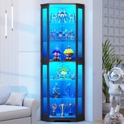 71" Corner Display Cabinet with Glass Doors, 6 Tier Curio Cabinet with 3 LED Lights & Glass Shelves, Human Body Sensor, Showcase Display Case for Collectibles, Black