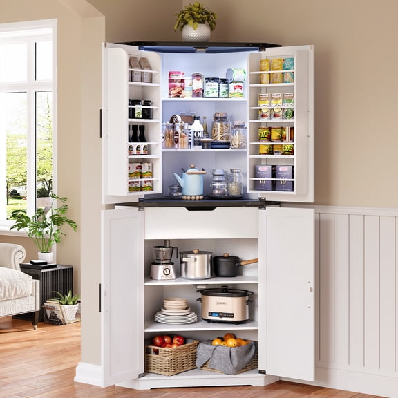 71" Corner Kitchen Pantry Cabinet with 4 Doors, Adjustable Shelves, Drawer & Door Shelves, Farmhouse Storage Cupboard for Kitchen or Living Room