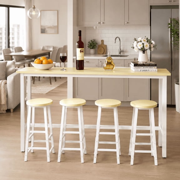 71" Counter Height Bar Table Set for 4, Industrial Wood Grain Top & Metal Frame, Space-Saving Kitchen Table Set for Small Apartment, White