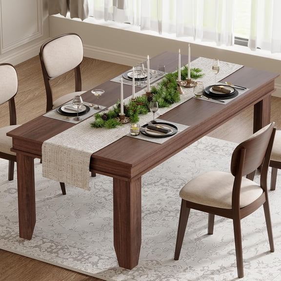 71" Dining Table for 6 to 8, Wood Rustic Kitchen Table with Eadge Trim, Large Rectangular Dinner Table for Dining Room, Home Office, Living Room，Brown