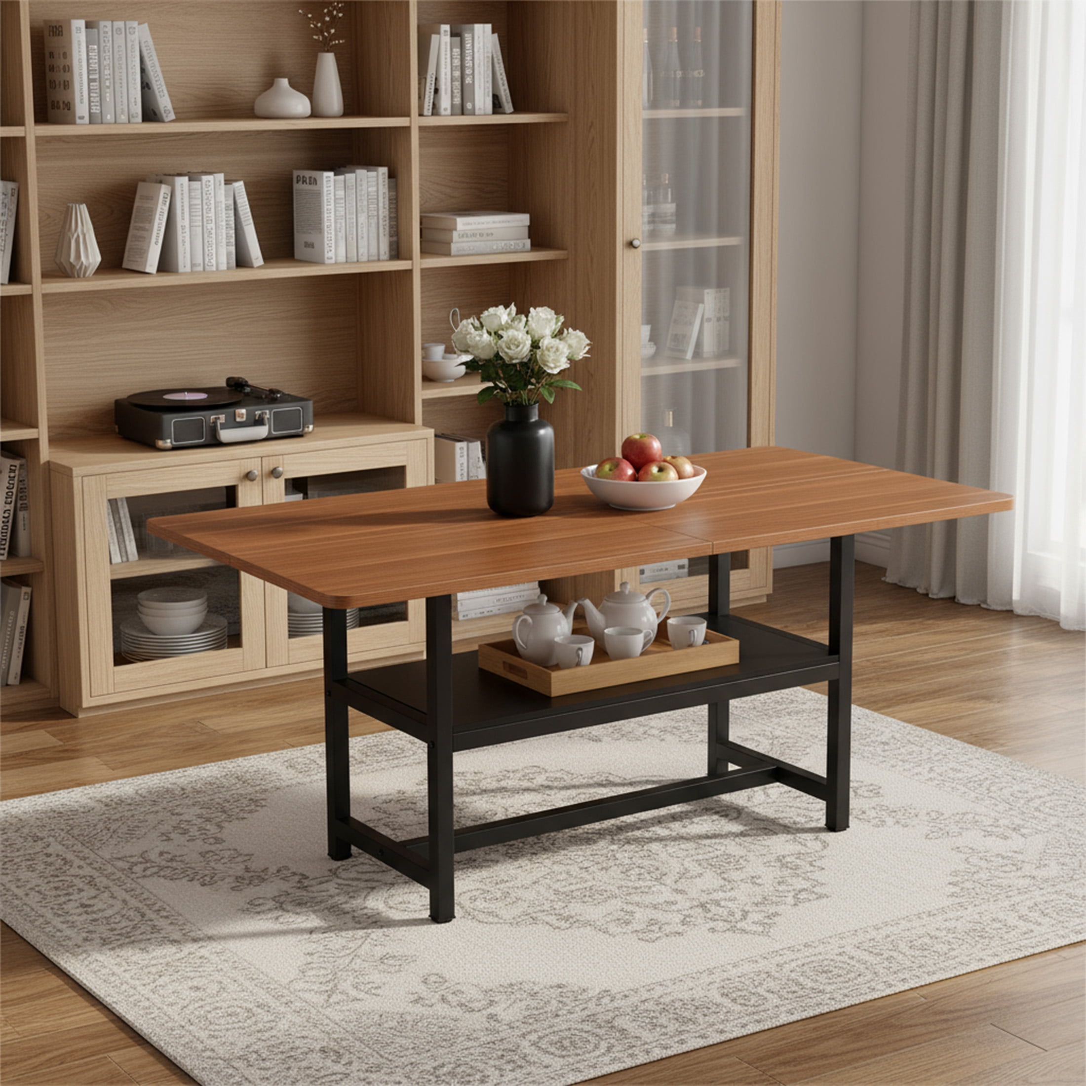 71" Dining Table, Minimalist Kitchen Table for 4-6, MDF Dinner Table with Metal Legs, for Kitchen, Dining Room, Walnut