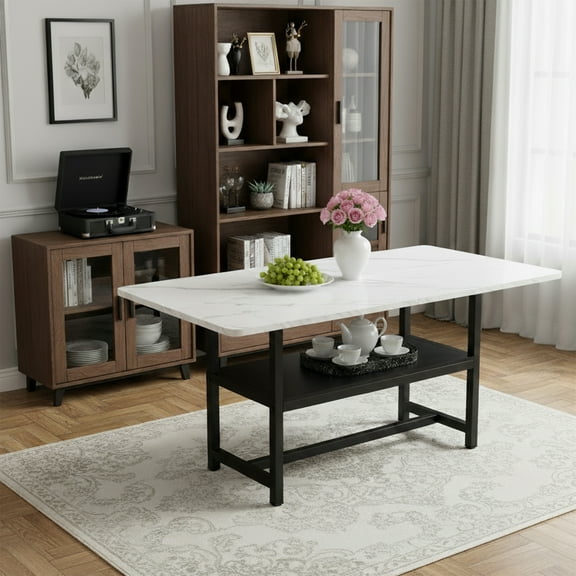 71" Dining Table, Minimalist Kitchen Table for 4-6, MDF Dinner Table with Metal Legs, for Kitchen, Dining Room, White