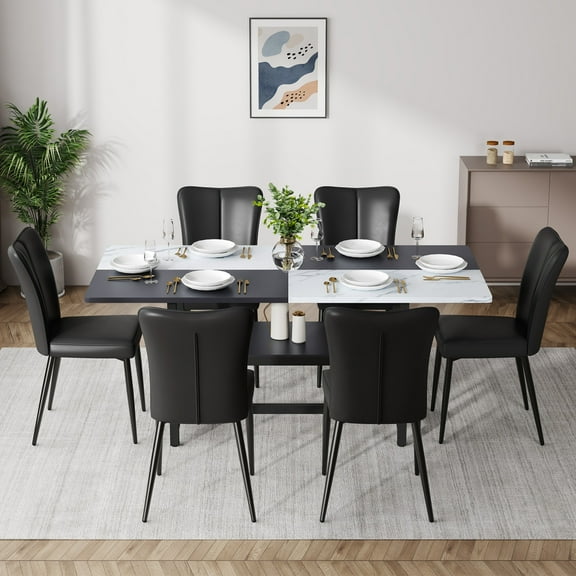 71" Dining Table Set for 6, Two-color Splicing Dining Table with 6 PU Chairs, Minimalist Kitchen Table Chairs Set for Kitchen, Dining Room