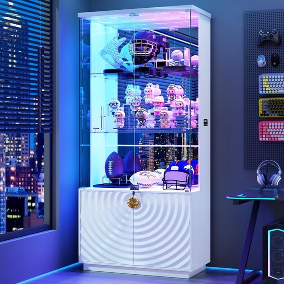 71'' Display Cabinet - with 3-Color Lights for Collectibles, 4-Tier Curio White Cabinet with Glass Doors,Lockable Glass Display Case with Human Body Sensor,Tall Bookcase with Shelves & Door Panel