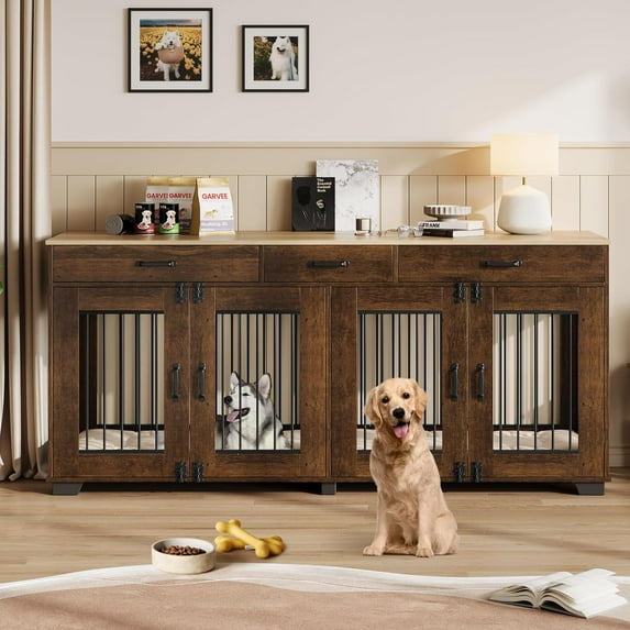 71'' Dog Crate Furniture for 2 Dogs, Double Dog Crate Furniture, 71'' Large Dog Kennel Indoor with 3 Storage Drawers and Removable Divider Wooden Double Dog Crate with 3 Drawers and Removable Room Div
