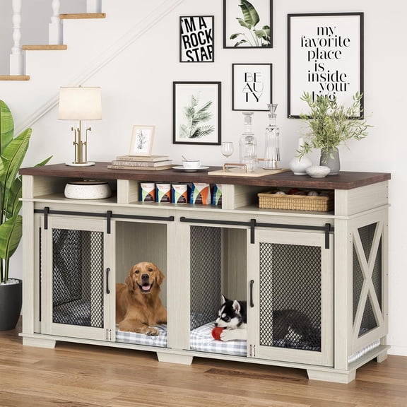 71" Dog Crate Furniture for 2 Dogs, Large Double Dog Cage with 3 Storage Drawers & Removable Divider, Dog Kennel Furniture As TV Stand, Wooden Dog Crates with Sliding Door