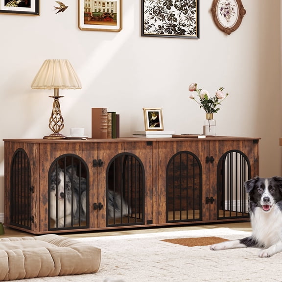 71" Dog Crate Furniture for 2 Dogs, Heavy Duty Wooden Kennel for Medium Large Dogs with Divider, Rustic Brown