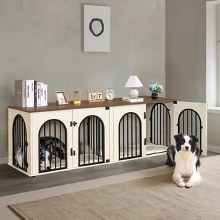 Hzuaneri 71" Dog Crate Furniture for 2 Dogs, Heavy Duty Wooden Kennel for Medium Large Dogs with Divider, White Brown