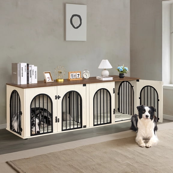 Hzuaneri 71" Dog Crate Furniture for 2 Dogs, Heavy Duty Wooden Kennel for Medium Large Dogs with Divider, White Brown