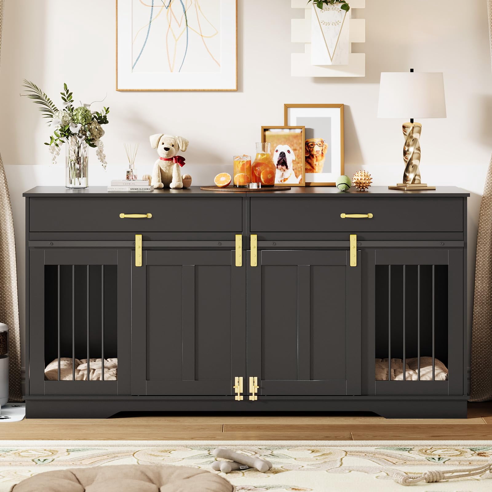 71" Dog Crate TV Stand for 2 Large Dogs, Extra Large Double Dog Kennel Furniture with 2 Drawers and 2 Lockable Sliding Doors, Wooden Furniture Dogs Crate for Indoor Home Living Room（ship in 2 boxes）