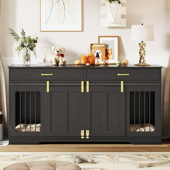 71" Dog Crate TV Stand for 2 Large Dogs, Extra Large Double Dog Kennel Furniture with 2 Drawers and 2 Lockable Sliding Doors, Wooden Furniture Dogs Crate for Indoor Home Living Room(ship in 2 boxes)