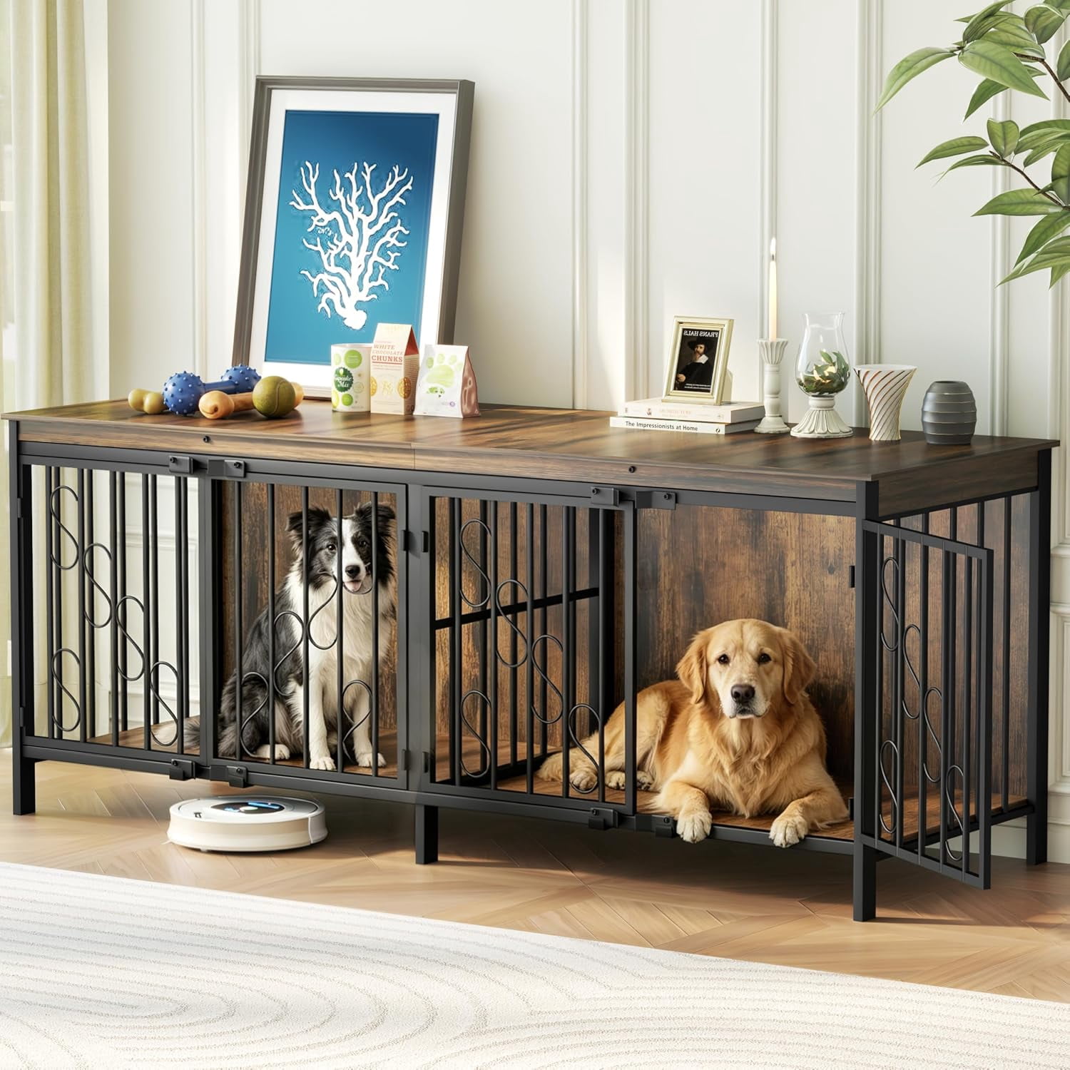 71" Double Dog Crate, Extra-Large Kennel for 2 Dogs, 5.5" Raised Legs ...