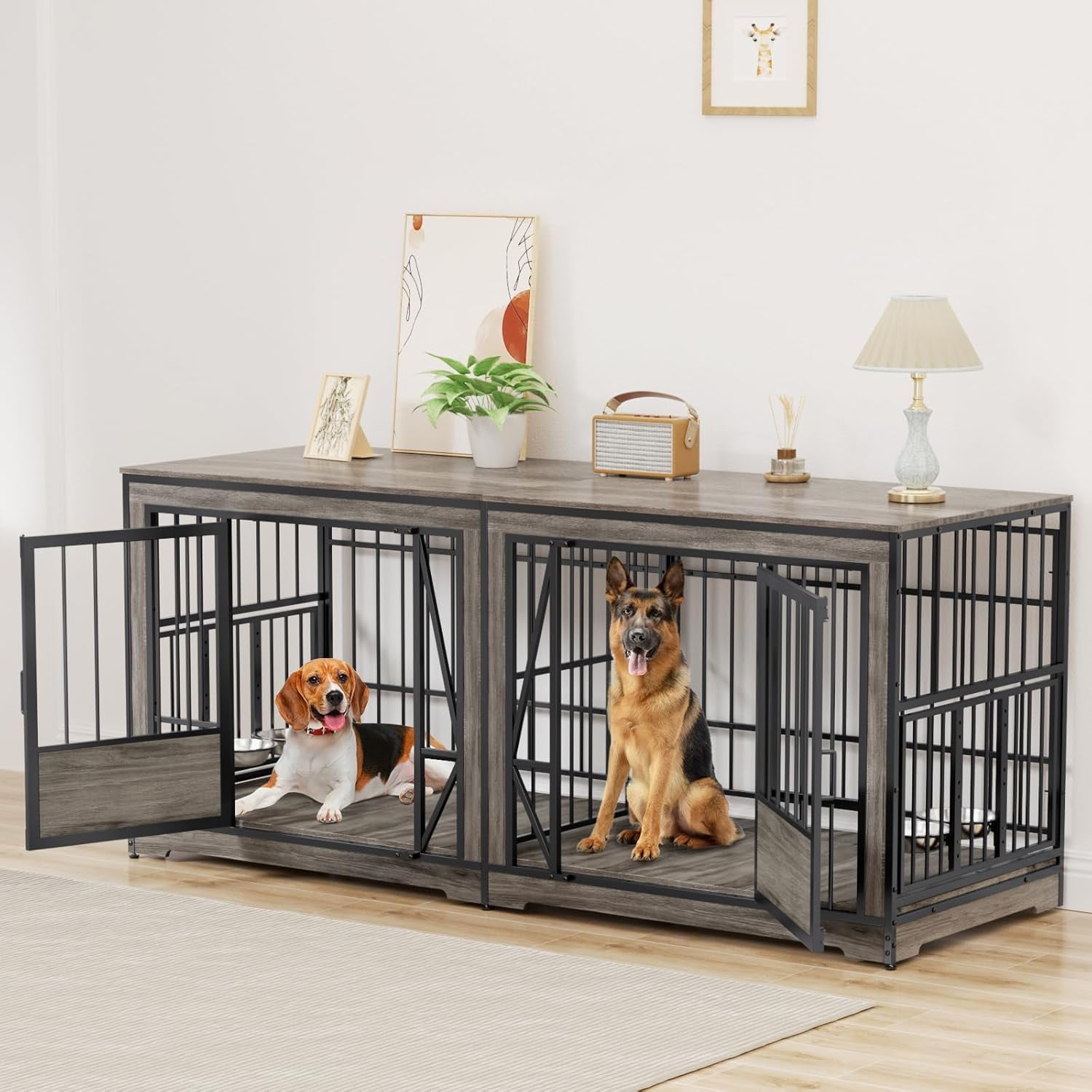 Picture of 71'' Double Dog Crate Furniture for 2 Dogs, Extra Large Dog Cage with ...