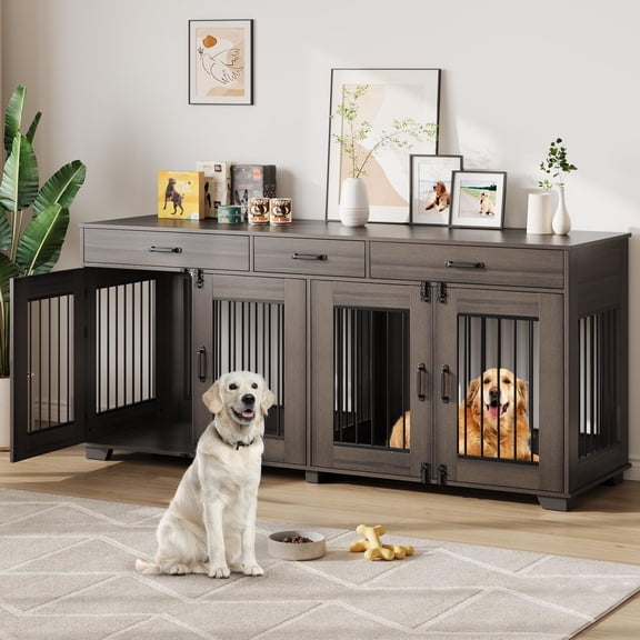 71" Double Dog Crate Furniture for 2 Dogs, Heavy-Duty Wooden Indoor Kennel with Removable Divider - 3 Storage Drawers, Double Door - Dog Cage TV Stand/End Table, Chilean Walnut AB Box