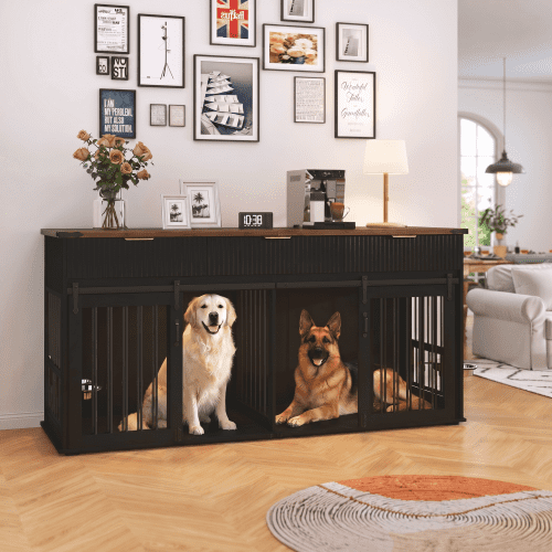 71" Double Dog Crate Furniture with 3 Fluted Drawers & Waterproof Tabletop, Large Dog Kennel with Type-C Outlet & Rotating Feeders, Pet Cage for Heavy Duty Dogs, Black+Walnut