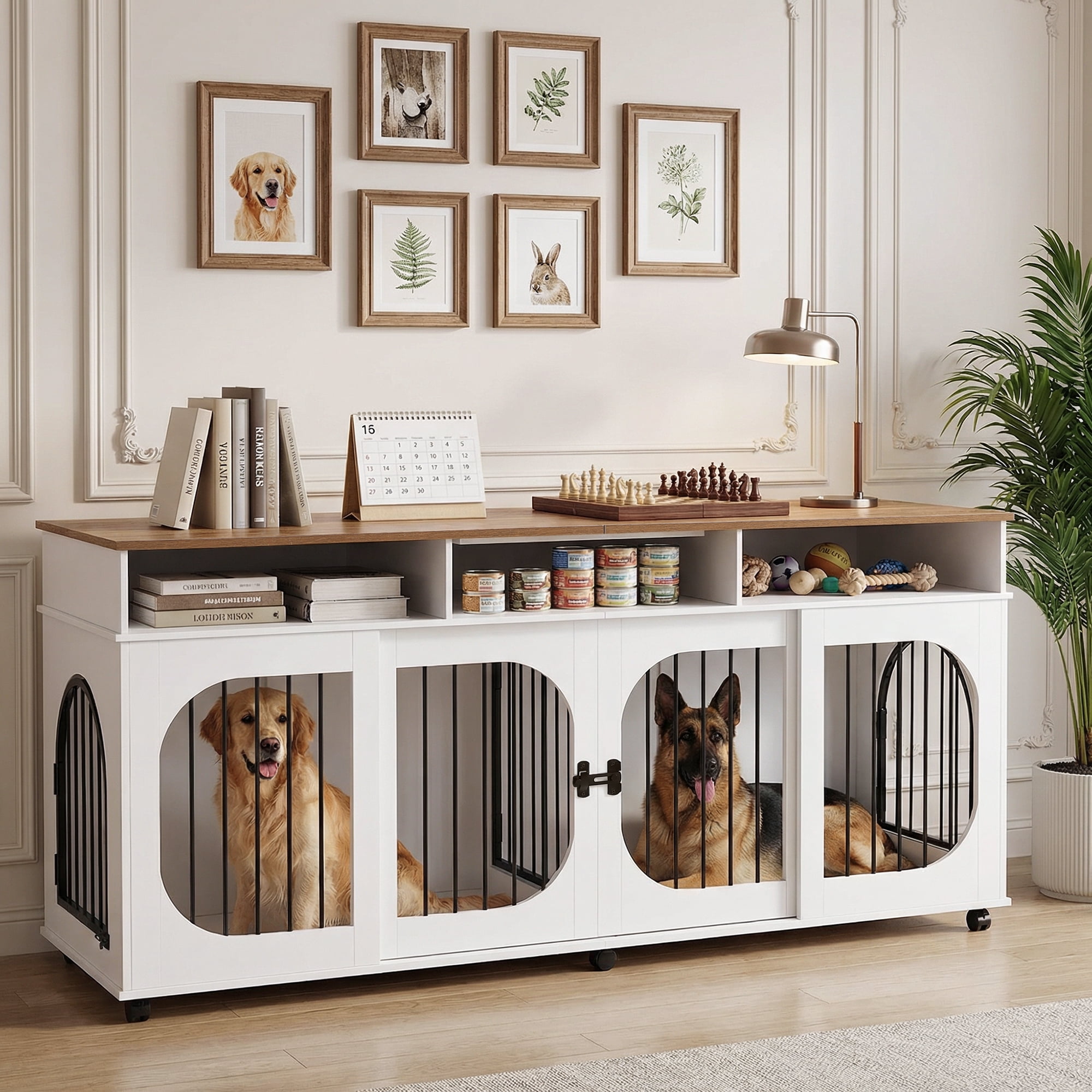 71"Double Dog Crate Furniture, Heavy Duty Indoor Dog Kennel with 3 Storage Drawers & Removable Divider ,Wooden double dog kennel  for 2 Dogs,6 Lockable Wheels