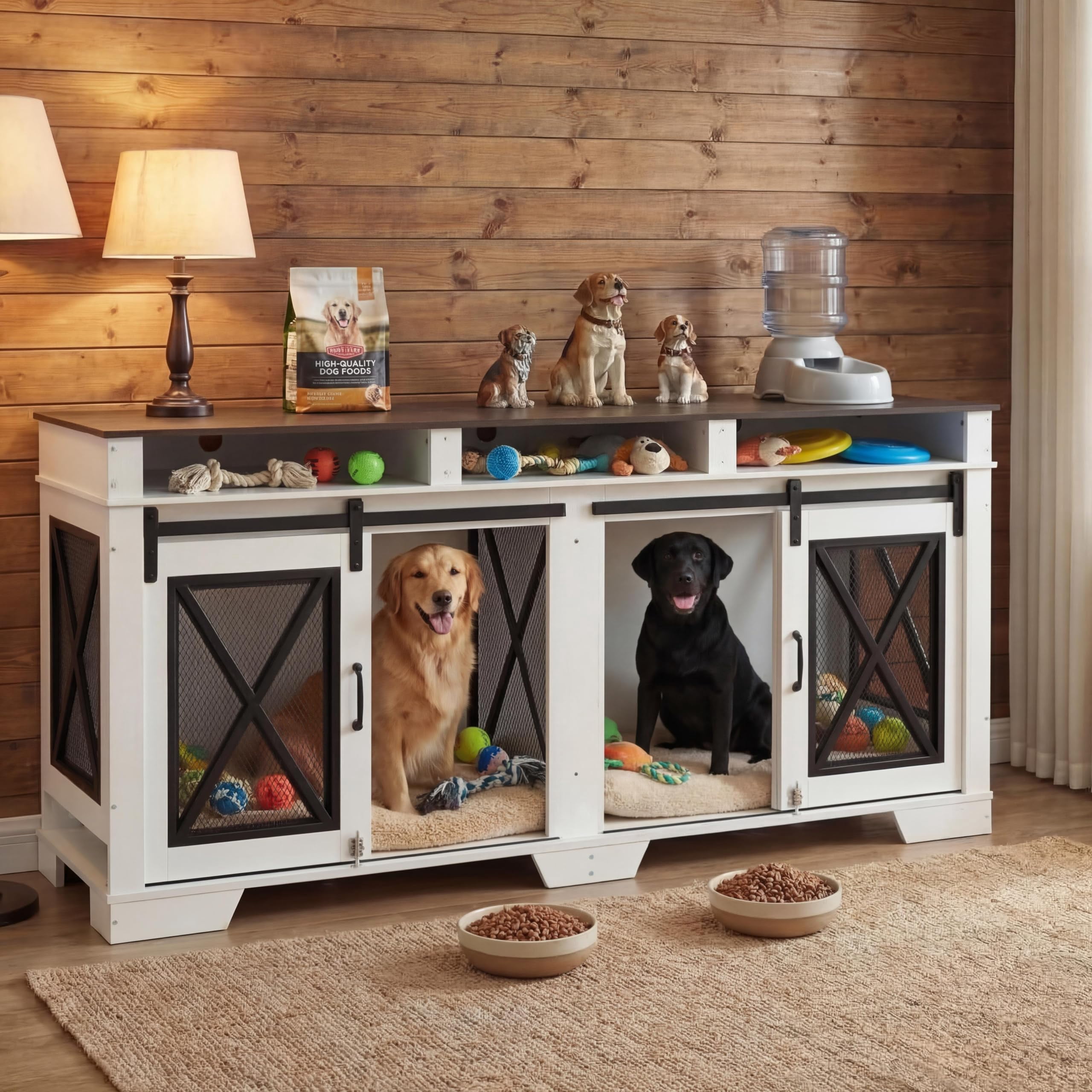 71" Double Dog Crate Furniture for Indoor Use, Extra Large Kennel with ...