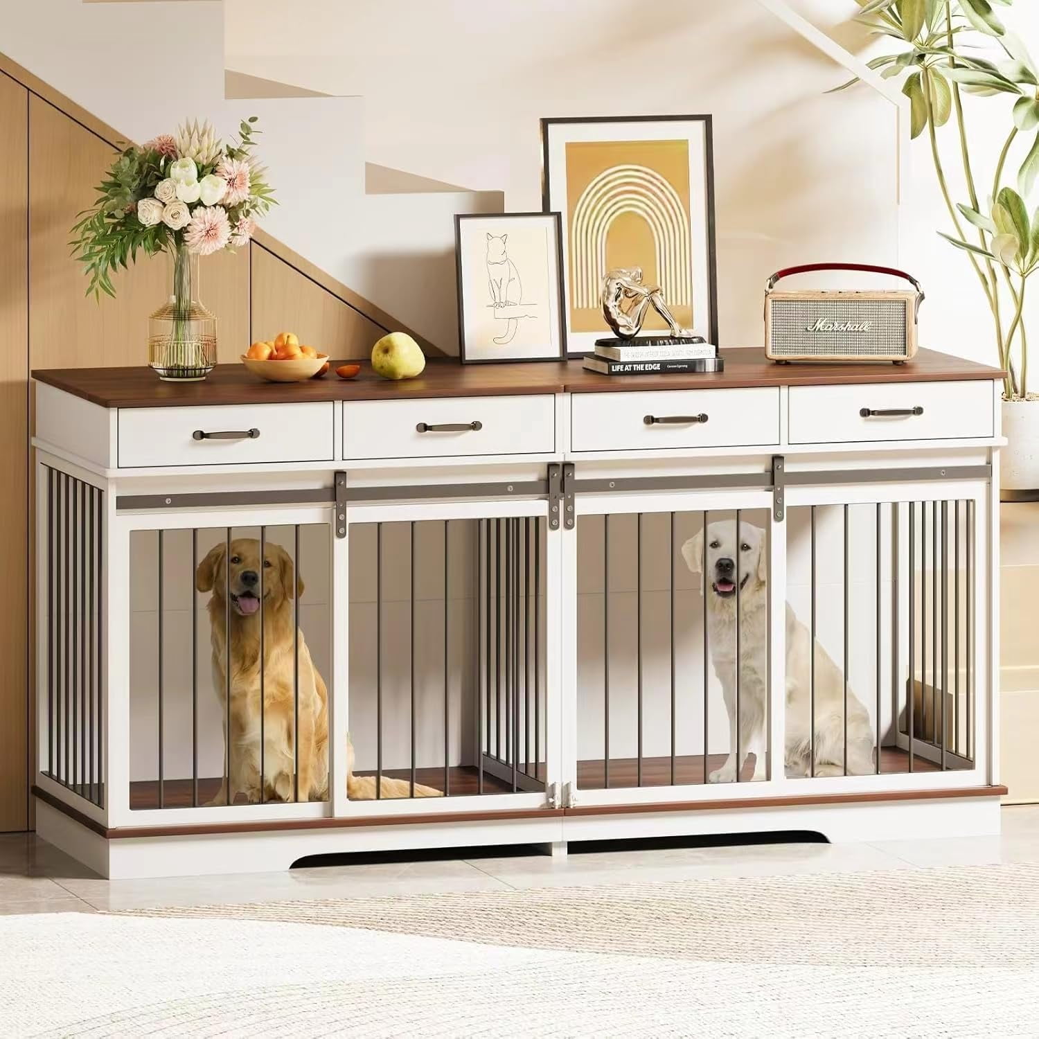 Large White and Black Wooden Double Dog Crate Furniture with Drawers