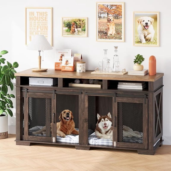 71" Double Dog Crate Furniture for 2 Dogs - XL TV Stand with 3 Storage Drawers,Removable Divider & Sliding Barn Door,Dark Walnut+Light Oak