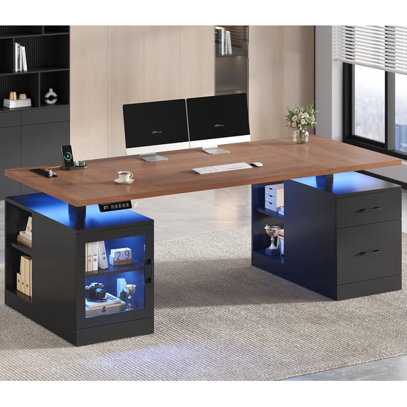 71" Electric Standing Desk with Glass Cabinet, Height Adjustable Executive Desk with Power Outlet & LED Lights, Stand up Corner Computer Desk with Drawers & Shelves, Black