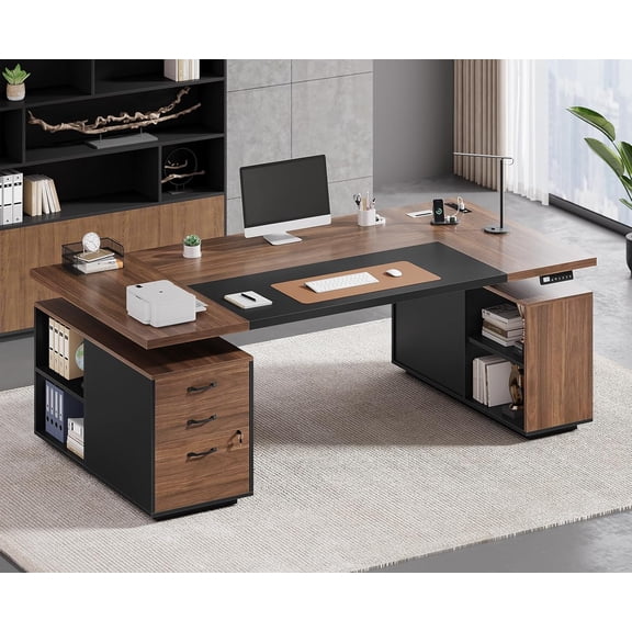 71" Electric Standing Desk with Power Outlet & Drawers, Electric Height Adjustable Executive Desk with Lockable File Cabinet, Home Office Desk with Open Storage Compartments, Walnut Black