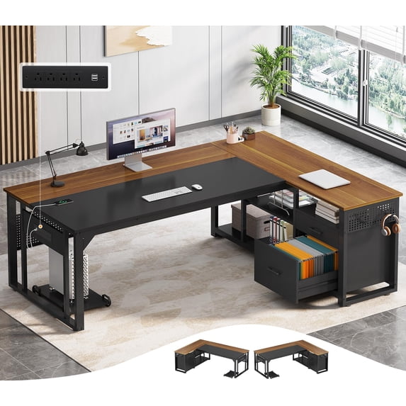 71" Executive Desk with Charging Stations, Reversible L Shaped Desk with File Drawers & Storage Shelves, Large Computer Desk with Pegboard, Mobile CPU Stand, Modern Corner Desk for Home Office,Walnut