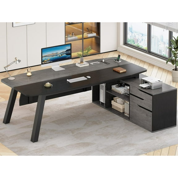 71" Executive Desk with File Cabinet, Large Office Desk with Drawers and Shelves, L Shaped Computer Desk with Power Outlets, Business Furniture Desk Workstation for Home Office, Gray