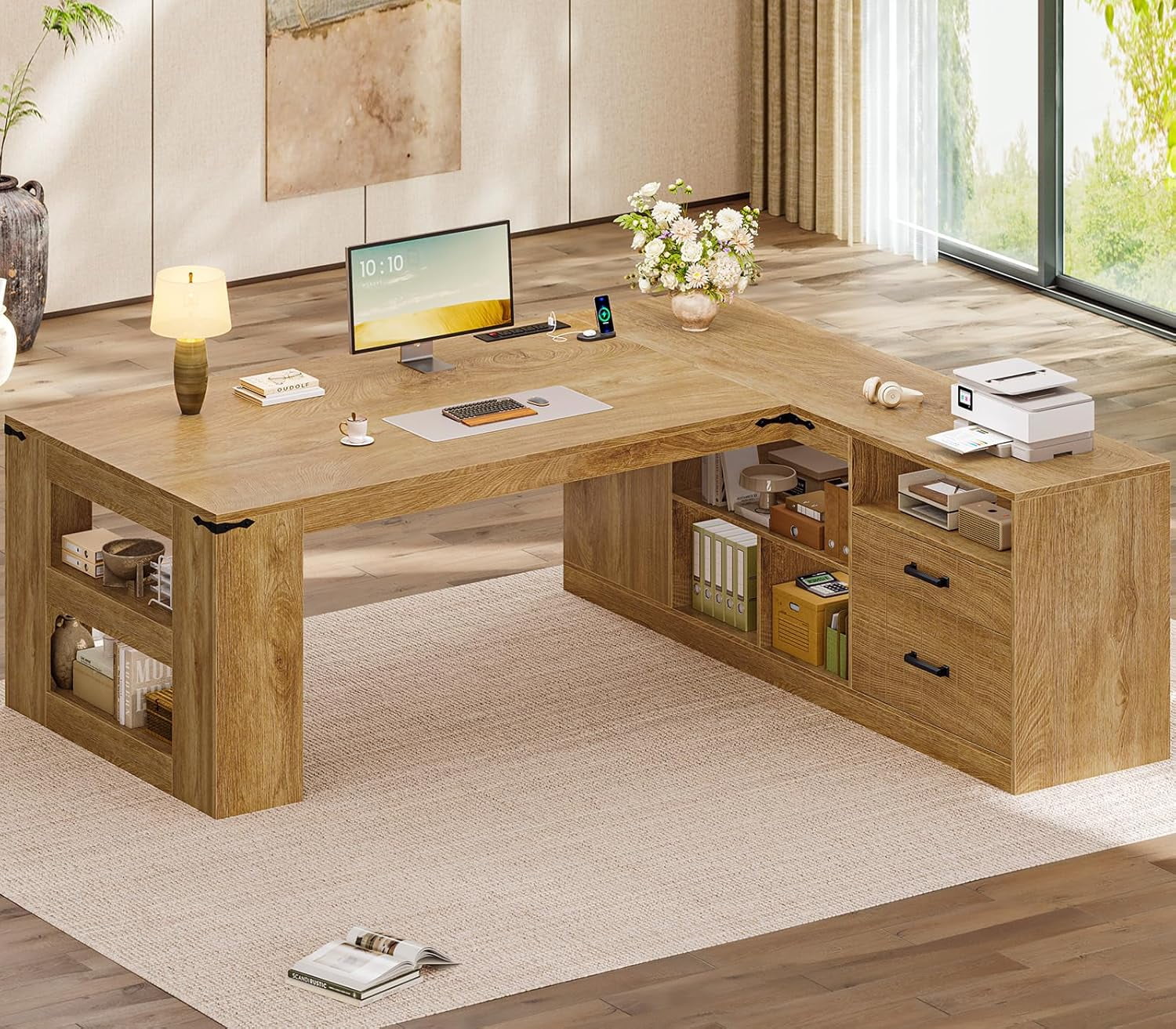 71" Executive Desk, L Shaped Computer Desk with Power Outlets, Modern Corner Desk with Storage Shelves & Lateral File Cabinet, Business Furniture Workstation, Oak