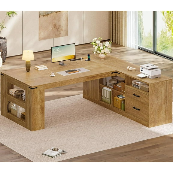 71" Executive Desk, L Shaped Computer Desk with Power Outlets, Modern Corner Desk with Storage Shelves & Lateral File Cabinet, Business Furniture Workstation, Oak