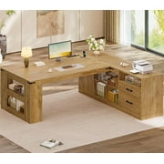 71 Executive Desk, L Shaped Computer Desk with Power Outlets, Modern Corner Desk with Storage Shelves & Lateral File Cabinet, Business Furniture Workstation, Oak