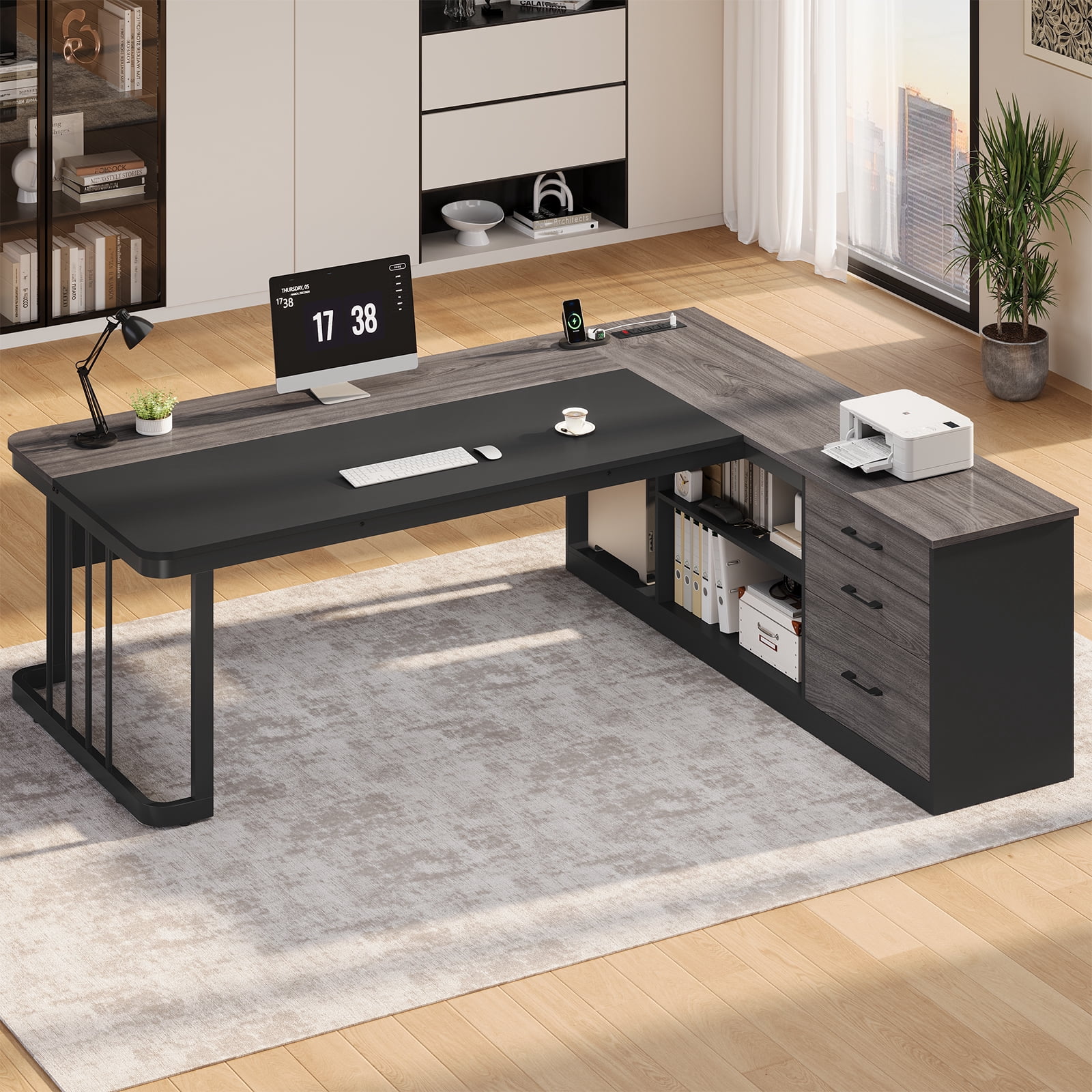 71" Executive Desk, L Shaped Computer Desk with Power Outlets, Corner Office Desk with 3 Drawers, Business Furniture Desk, Gray