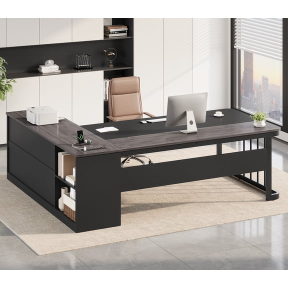 71" Executive Desk, L Shaped Computer Desk with Power Outlets, Corner Office Desk with 3 Drawers, Business Furniture Desk, Gray