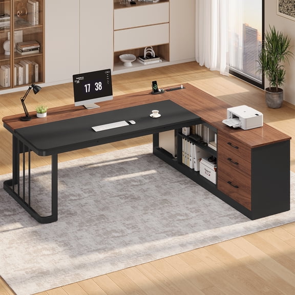 71" Executive Desk, L Shaped Computer Desk with Power Outlets, Corner Office Desk with 3 Drawers, Business Furniture Desk, Walnut