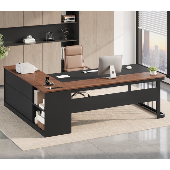 71" Executive Desk, L Shaped Computer Desk with Power Outlets, Corner Office Desk with 3 Drawers, Business Furniture Desk, Walnut