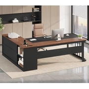 71" Executive Desk, L Shaped Computer Desk with Power Outlets, Corner Office Desk with 3 Drawers, Business Furniture Desk, Walnut