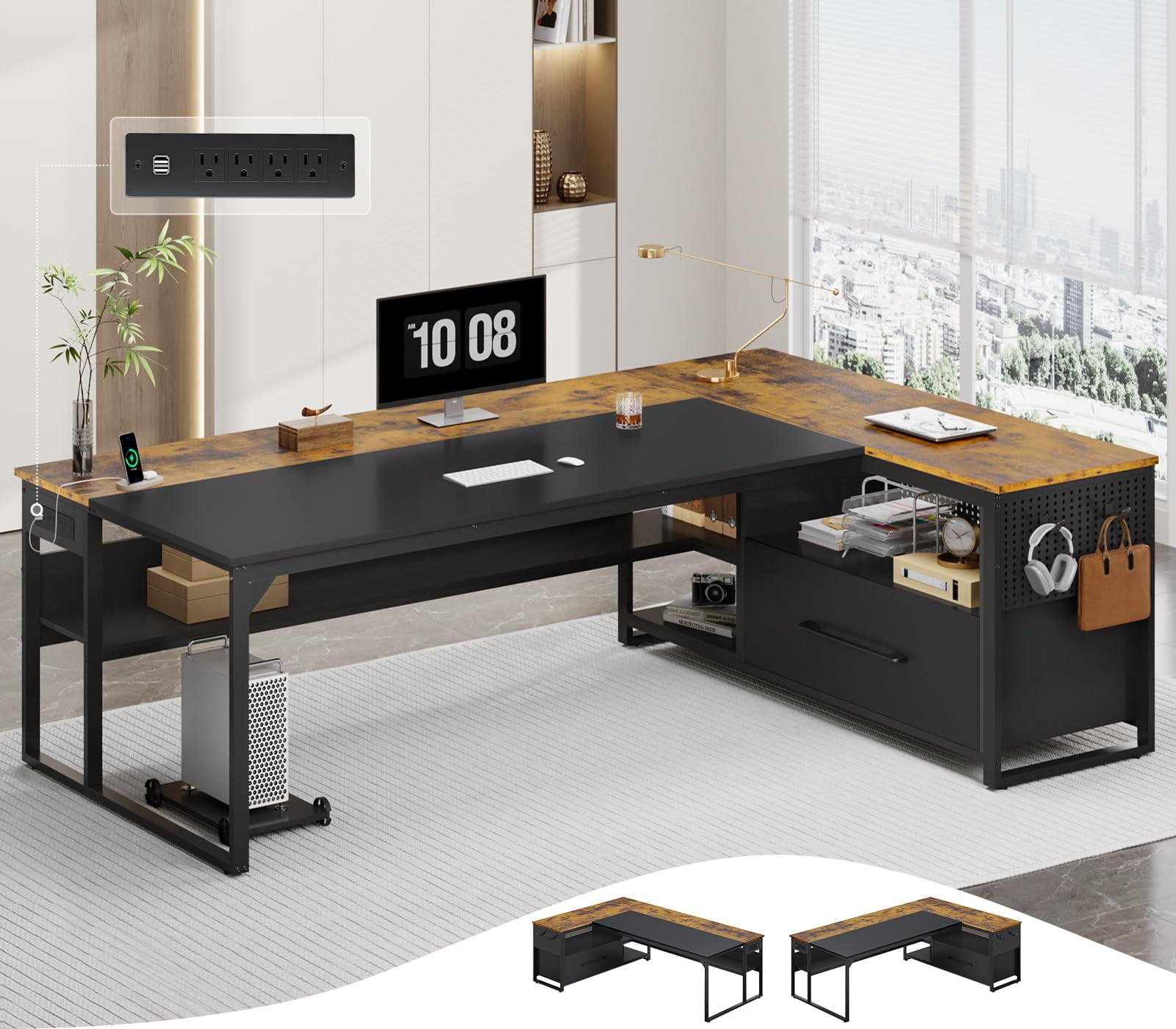 71" Executive Desk, Large Office Desk with Widen File Drawers & Power Outlets, Reversible L Shaped Computer Desk Corner Desk with Storage Shelves, CPU Stand, Hooks, Business Furniture