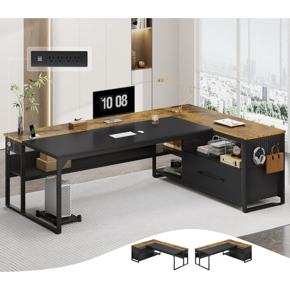 71" Executive Desk, Large Office Desk with Widen File Drawers & Power Outlets, Reversible L Shaped Computer Desk Corner Desk with Storage Shelves, CPU Stand, Hooks, Business Furniture